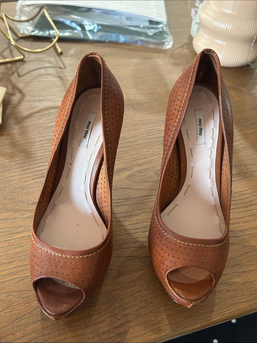 Miu Miu Tan Perforated Leather Peep-Toe Heels